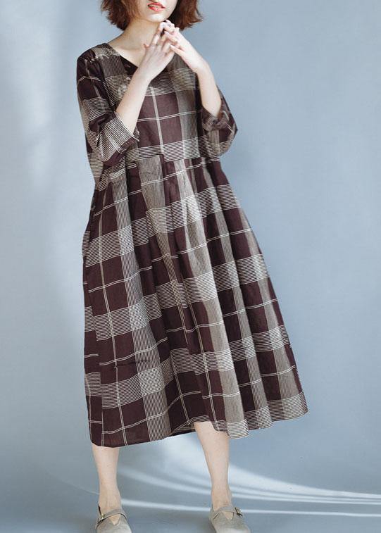 Diy Khaki Plaid Cotton Quilting Dresses Patchwork Robe Summer Dress