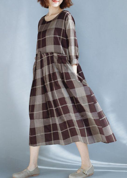 Diy Khaki Plaid Cotton Quilting Dresses Patchwork Robe Summer Dress