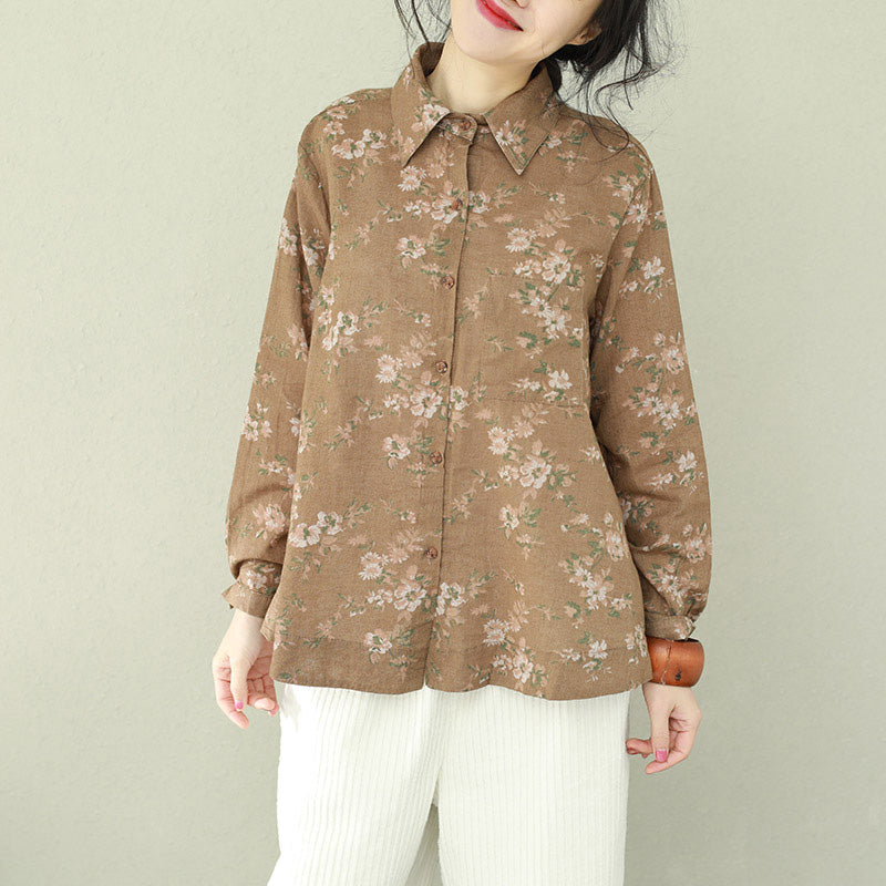 Diy Khaki Print Linen Blouses for Cotton Lapel Button Down Oversized Blouses