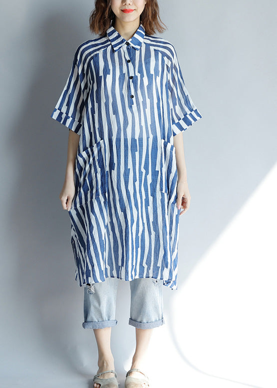 Diy Lapel Pockets Cotton Tunic Fitted Sleeve Blue Striped a Line Dresses Summer
