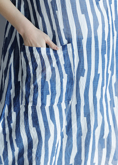 Diy Lapel Pockets Cotton Tunic Fitted Sleeve Blue Striped a Line Dresses Summer