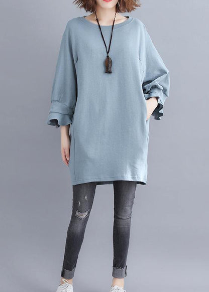 Diy Light Blue Cotton Tunic Pattern O Neck Half Sleeve Midi Summer Dress
