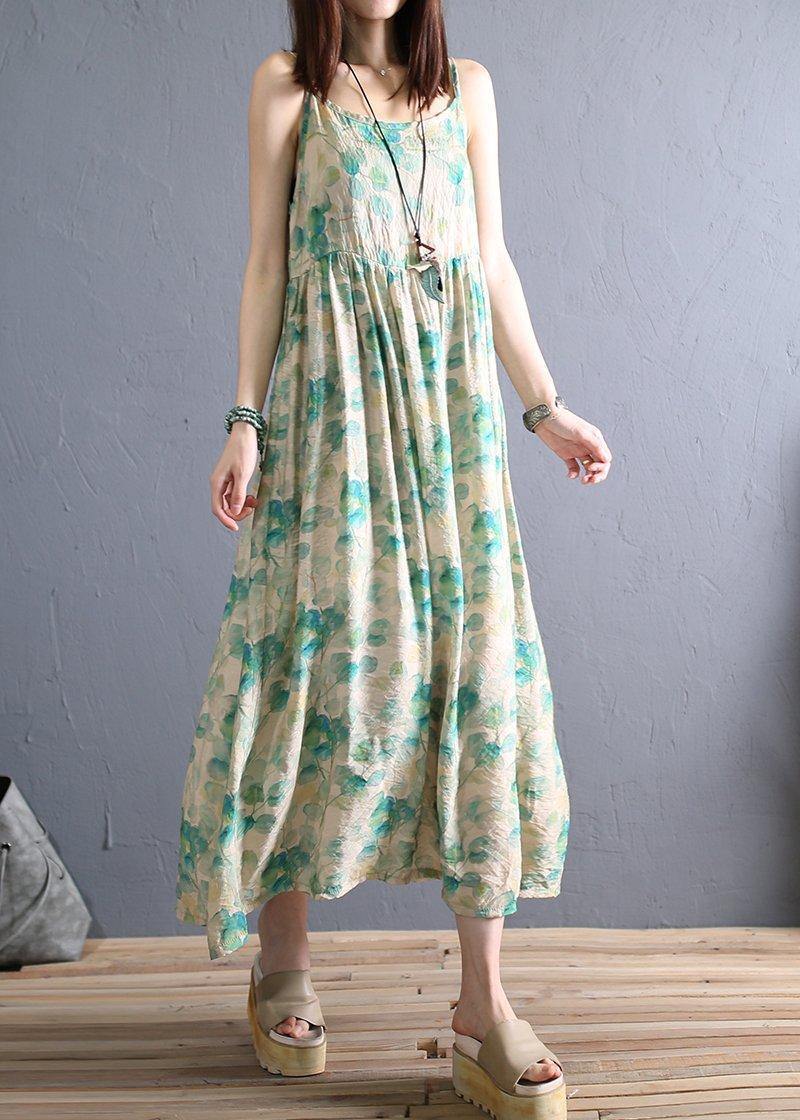 Diy Light Green Print Cotton Dress Spaghetti Strap Robe Summer Dresses