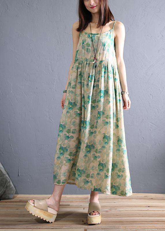 Diy Light Green Print Cotton Dress Spaghetti Strap Robe Summer Dresses