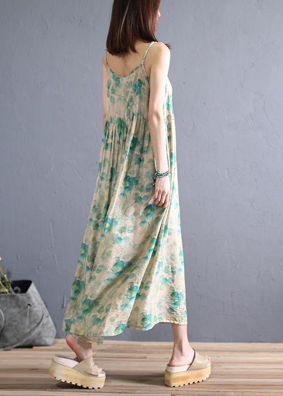 Diy Light Green Print Cotton Dress Spaghetti Strap Robe Summer Dresses