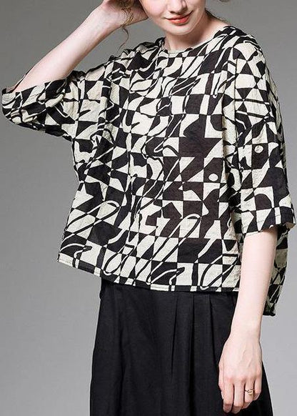 Diy Linen Cotton Clothes Summer Short Sleeve Black Plaid Blouse