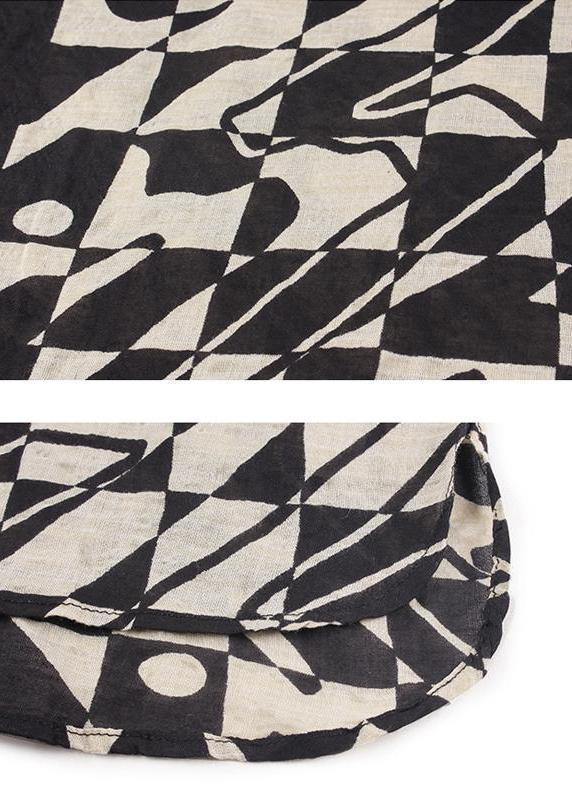 Diy Linen Cotton Clothes Summer Short Sleeve Black Plaid Blouse