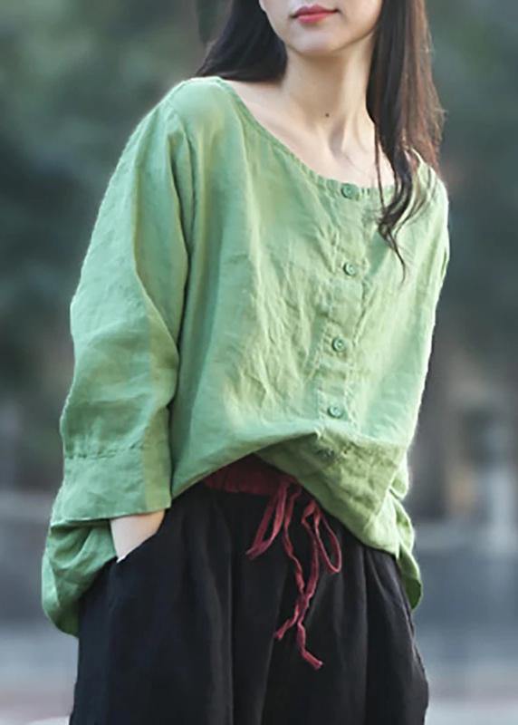 Diy Linen Green Tunic Top Boutique Color Single Breasted Reversible Blouse
