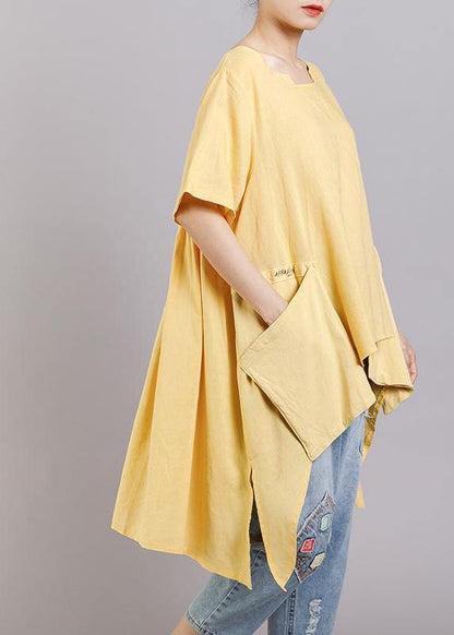Diy Linen Tunic Top Pockets Short Sleeve Irregular Blouse