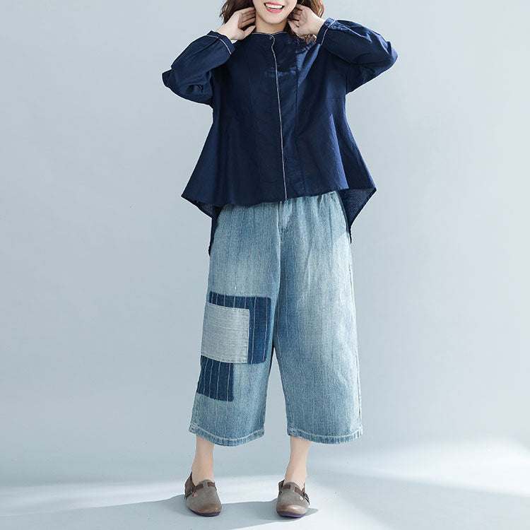 DIY navy cotton clothes For Women boutique Fabrics stand collar oversized tops