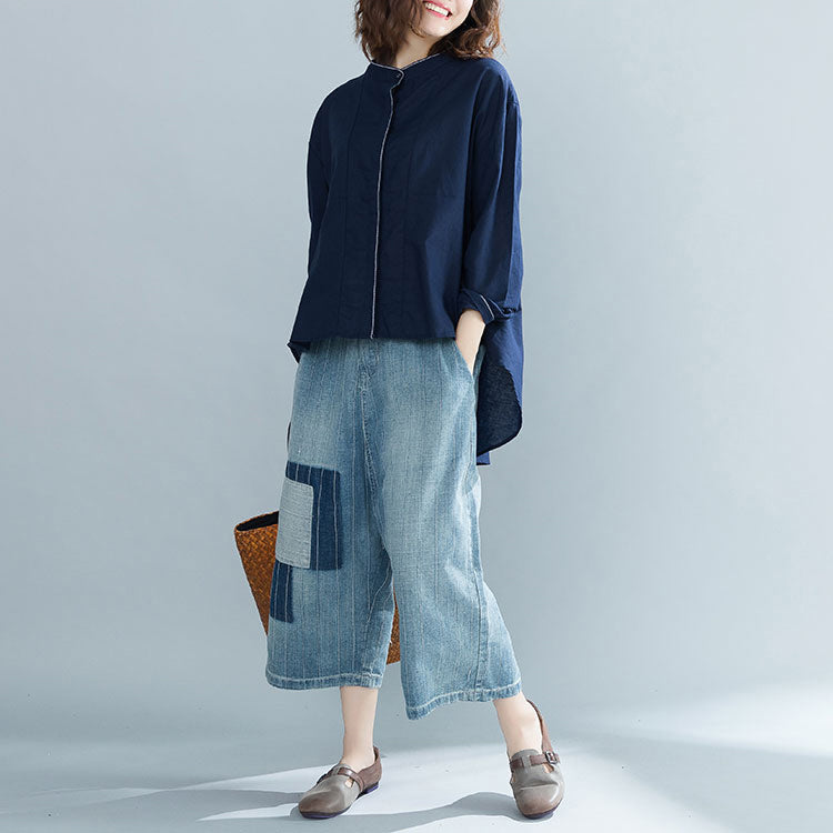 Diy Navy Cotton Clothes for Boutique Fabrics Stand Collar Oversized Tops