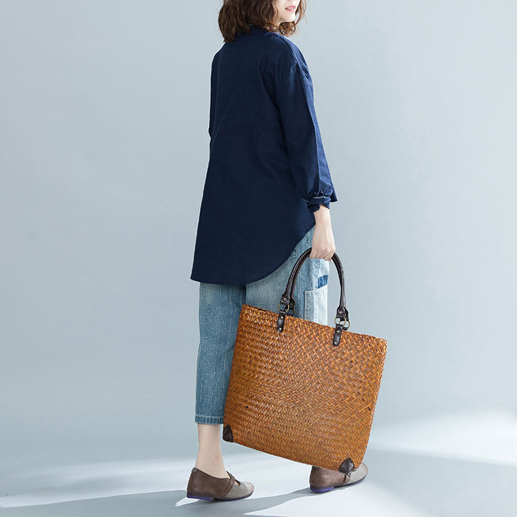 DIY navy cotton clothes For Women boutique Fabrics stand collar oversized tops