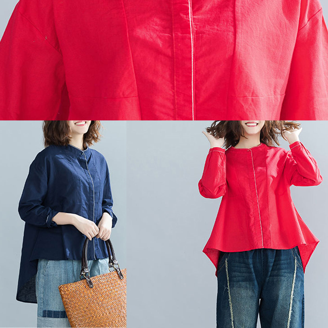 DIY navy cotton clothes For Women boutique Fabrics stand collar oversized tops