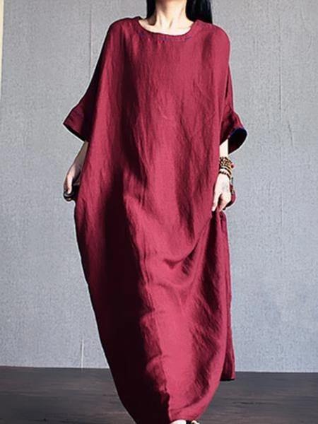 Diy O Neck Batwing Sleeve Linen Clothes Pattern Red Dresses