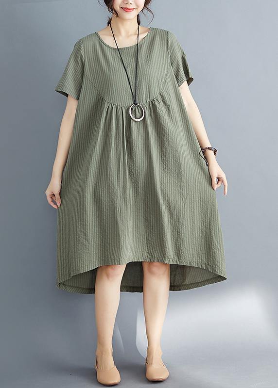 Diy O Neck Asymmetric Cotton Clothes Catwalk Army Green Striped Midi Dress Summer