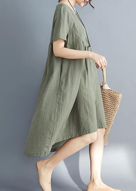 Diy O Neck Asymmetric Cotton Clothes Catwalk Army Green Striped Midi Dress Summer