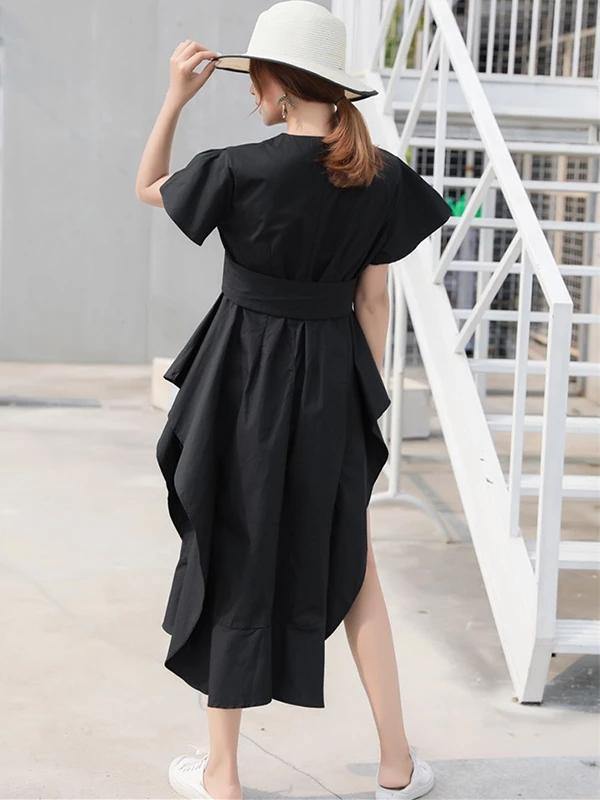 Diy O Neck Asymmetric Cotton Summer Dress Runway Black Dress