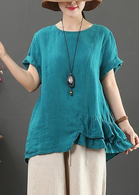 Diy O Neck Asymmetric Linen Cotton Summer Blue Loose Shirt