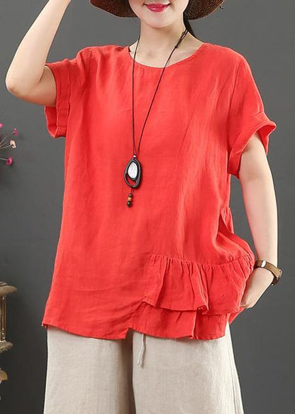 Diy O Neck Asymmetric Linen Cotton Summer Blue Loose Shirt