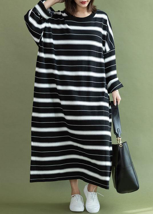 Diy O Neck Baggy Cotton Quilting Clothes Sewing Black White Striped Maxi Dress Fall