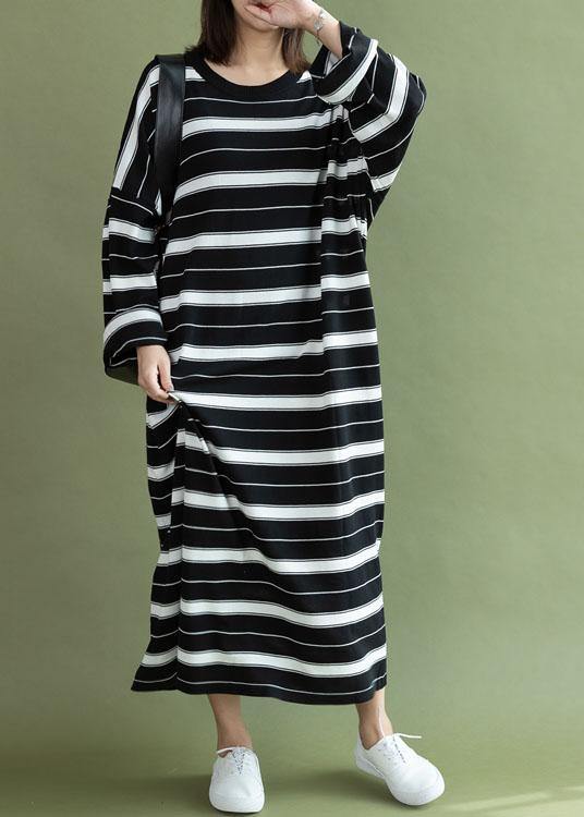 Diy O Neck Baggy Cotton Quilting Clothes Sewing Black White Striped Maxi Dress Fall