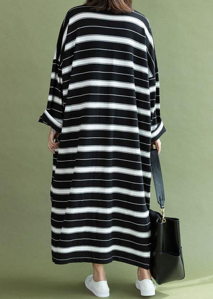 Diy O Neck Baggy Cotton Quilting Clothes Sewing Black White Striped Maxi Dress Fall
