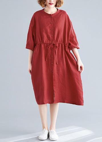Diy O Neck Drawstring Linen Cotton Quilting Dresses Red Shirts Dresses Fall