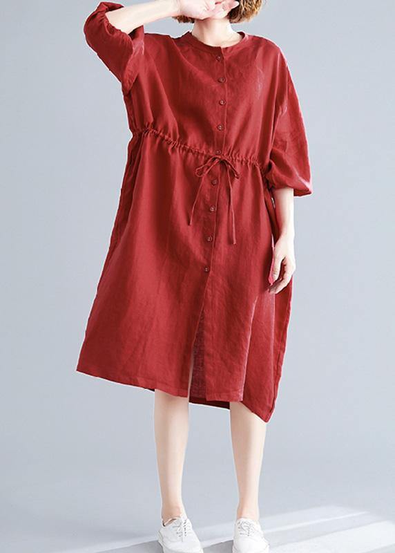 Diy O Neck Drawstring Linen Cotton Quilting Dresses Red Shirts Dresses Fall