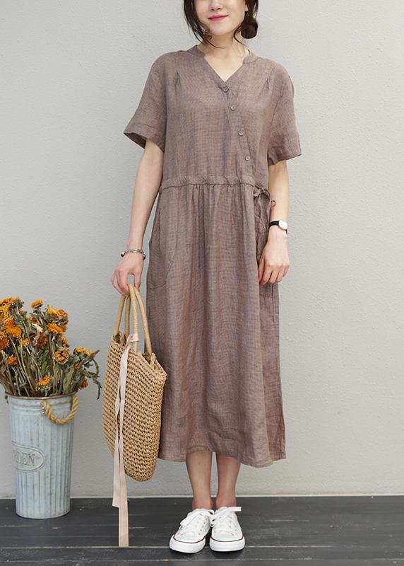 Diy O Neck Drawstring Linen Summer Wardrobes Sewing Brown Dress