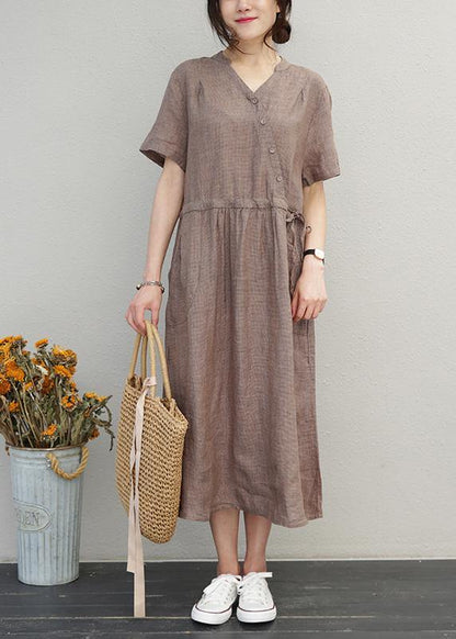 Diy O Neck Drawstring Linen Summer Wardrobes Sewing Brown Dress