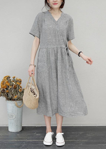 Diy O Neck Drawstring Linen Summer Wardrobes Sewing Brown Dress