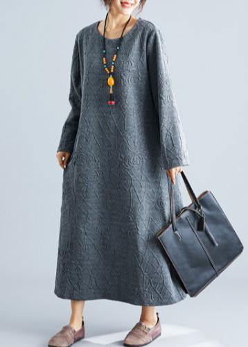 Diy O Neck Jacquard Cotton Tunic Dress Catwalk Gray Maxi Dress Fall
