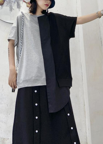 Diy O Neck Patchwork Cotton Summer Inspiration Gray Blouse