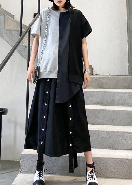 Diy O Neck Patchwork Cotton Summer Inspiration Gray Blouse