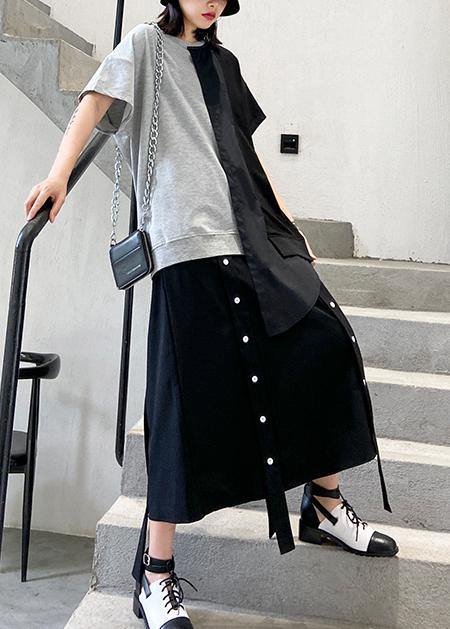 Diy O Neck Patchwork Cotton Summer Inspiration Gray Blouse