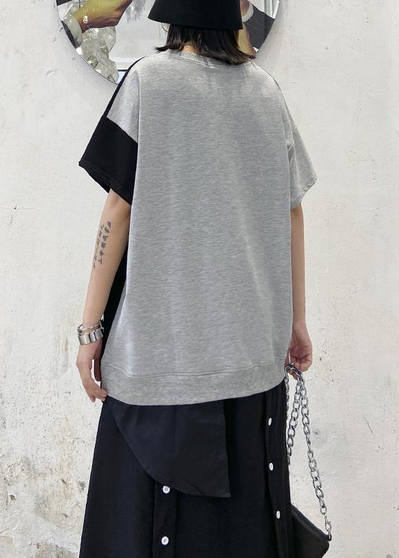 Diy O Neck Patchwork Cotton Summer Inspiration Gray Blouse