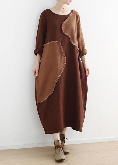 Diy O Neck Patchwork Linen Clothes for Pattern Chocolate Dresses Fall