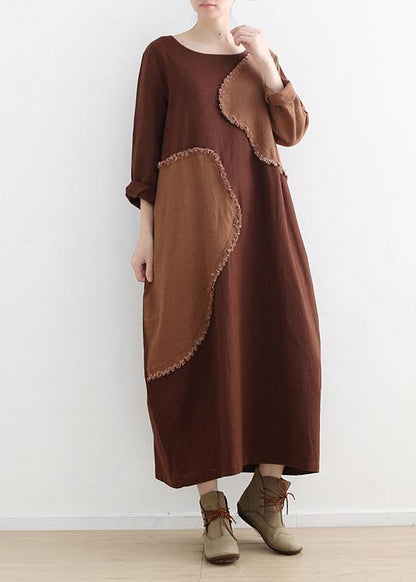 Diy O Neck Patchwork Linen Clothes for Pattern Chocolate Dresses Fall