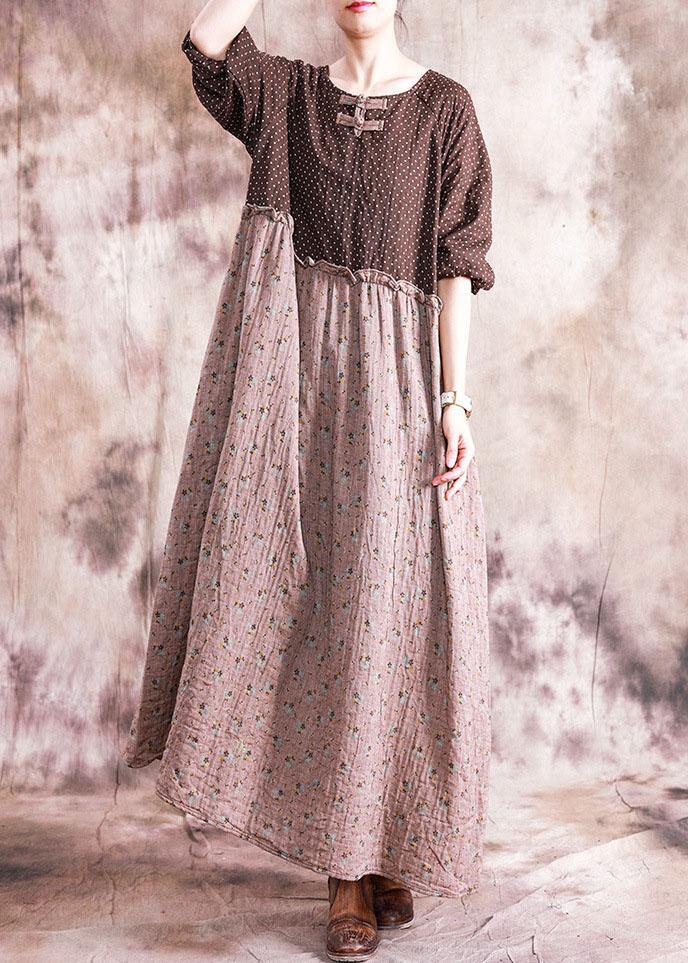 Diy O Neck Patchwork Linen Cotton Clothes for Neckline Brown Print Dress Fall