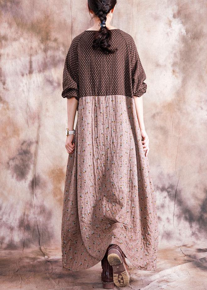 Diy O Neck Patchwork Linen Cotton Clothes for Neckline Brown Print Dress Fall
