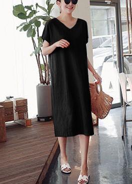Diy O Neck Side Open Cotton Summer Tunics Linen Black Dress