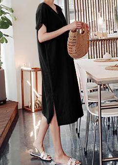 Diy O Neck Side Open Cotton Summer Tunics Linen Black Dress