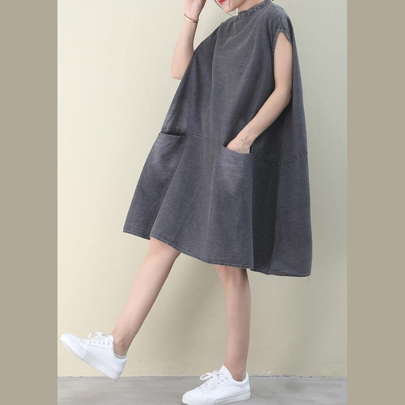 Diy O Neck Sleeveless Cotton Outfit Denim Gray Dress