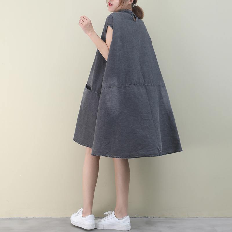 Diy O Neck Sleeveless Cotton Outfit Denim Gray Dress