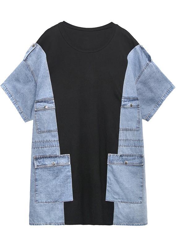Diy O Neck Summer Tunics for Black Patchwork Denim Blue Dresses