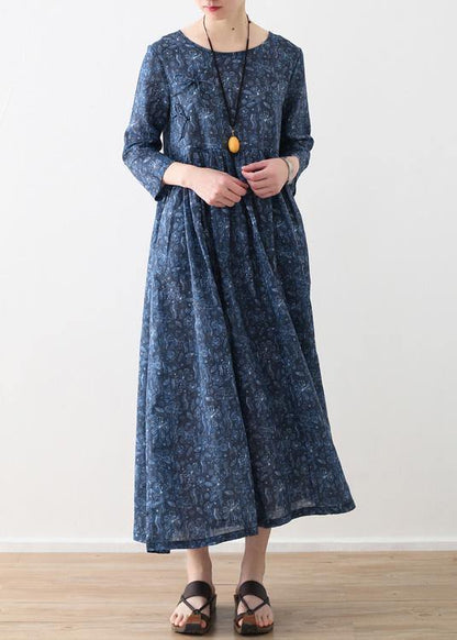 Diy O Neck Cinched Linen Clothes for Blue Print Dress