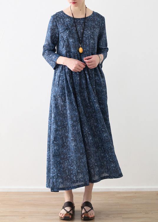 Diy O Neck Cinched Linen Clothes for Blue Print Dress