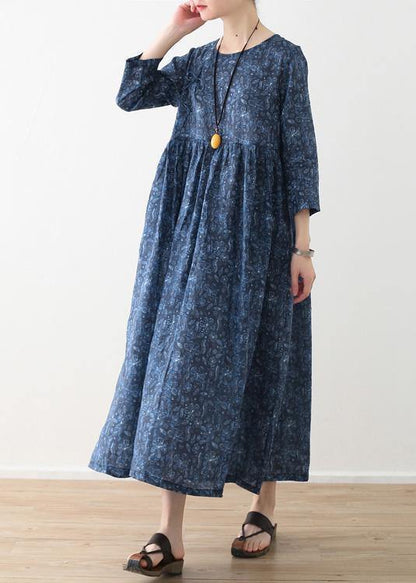 Diy O Neck Cinched Linen Clothes for Blue Print Dress