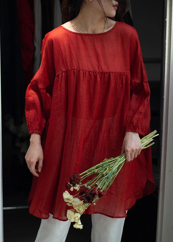 Diy O Neck Cinched Linen Summer Blouse Shape Red Shirts