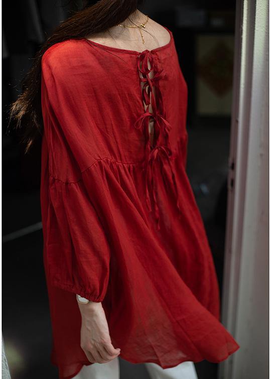 DIY o neck Cinched linen summer Blouse Shape red shirts
